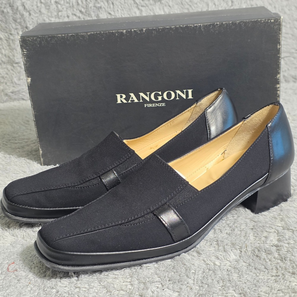 VTG Rangoni‎ Firenze Italian Black Leather Square Toe Loafers Shoes 10.5B NEW